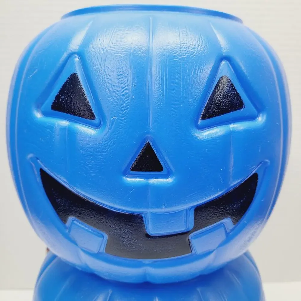 2 Halloween 8” BLUE Blow Mold Pumpkin Trick or Treat Pails W/Rope Handles